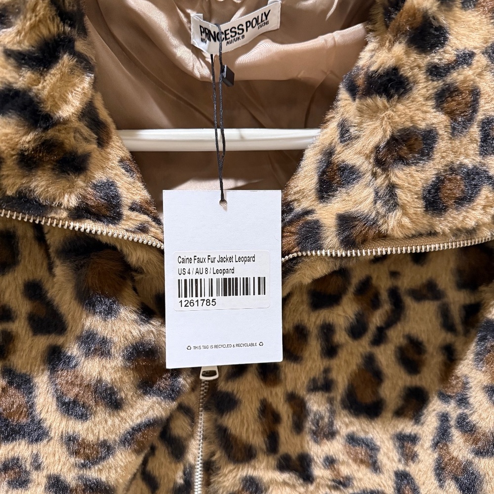 princess polly brown and black faux fur leopard print zip up jacket size 4